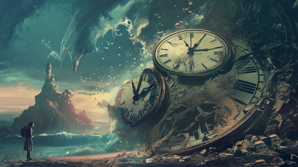 Person watching surreal scene with clocks and tidal wave, fantasy concept art.