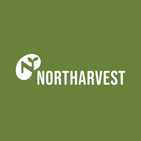 Northarvest logo with a sprouting bean in a circular mark, in white on green