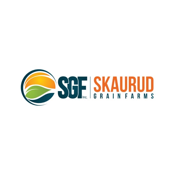 Skaurud Grain Farms logo with a sunrise over a field inside a circular SGF mark