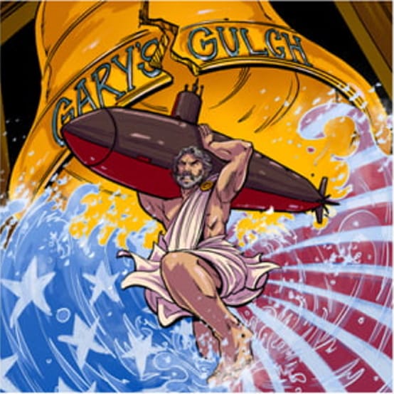 Gary's Gulch podcast artwork of a figure in a toga riding a torpedo through stars and stripes