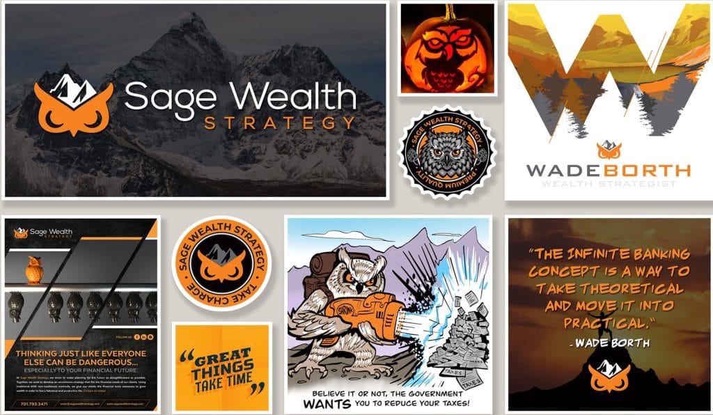 Sage Wealth Strategy brand collateral with the owl logo, stickers, illustration and a Wade Borth quote