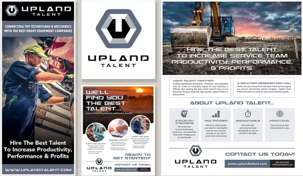 Upland Talent brand collateral: recruiting banners, flyers and the hexagon U logo for heavy equipment hiring