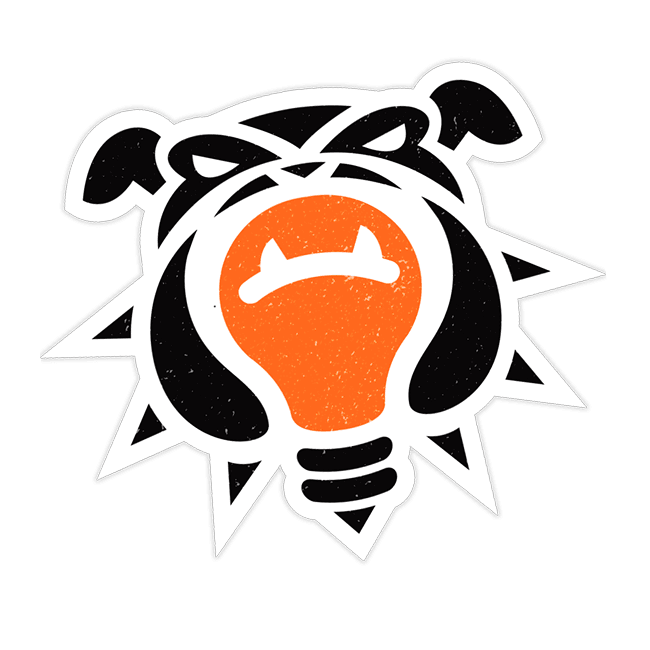 Cyberdogz icon sticker: a black bulldog face around a glowing orange lightbulb