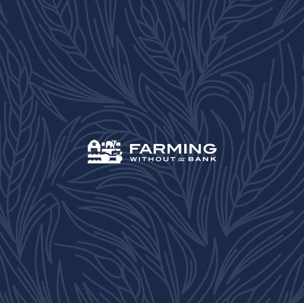 Farming Without the Bank logo on a navy background patterned with wheat