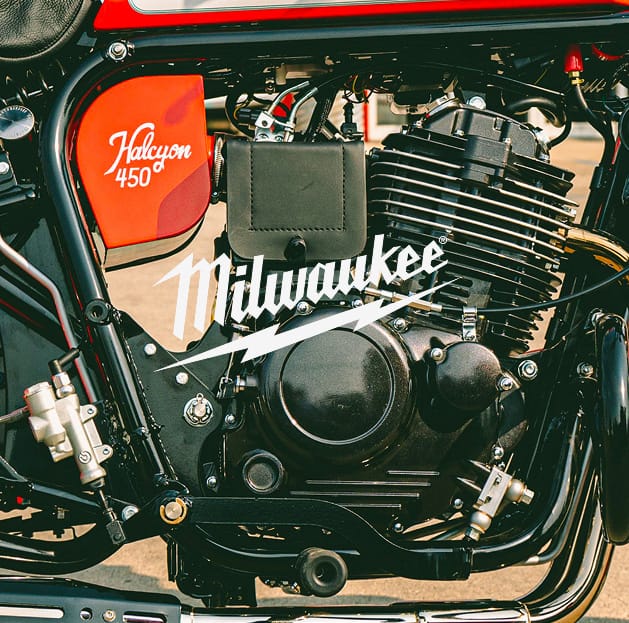 Milwaukee logo over a close-up of a Janus Halcyon 450 motorcycle engine