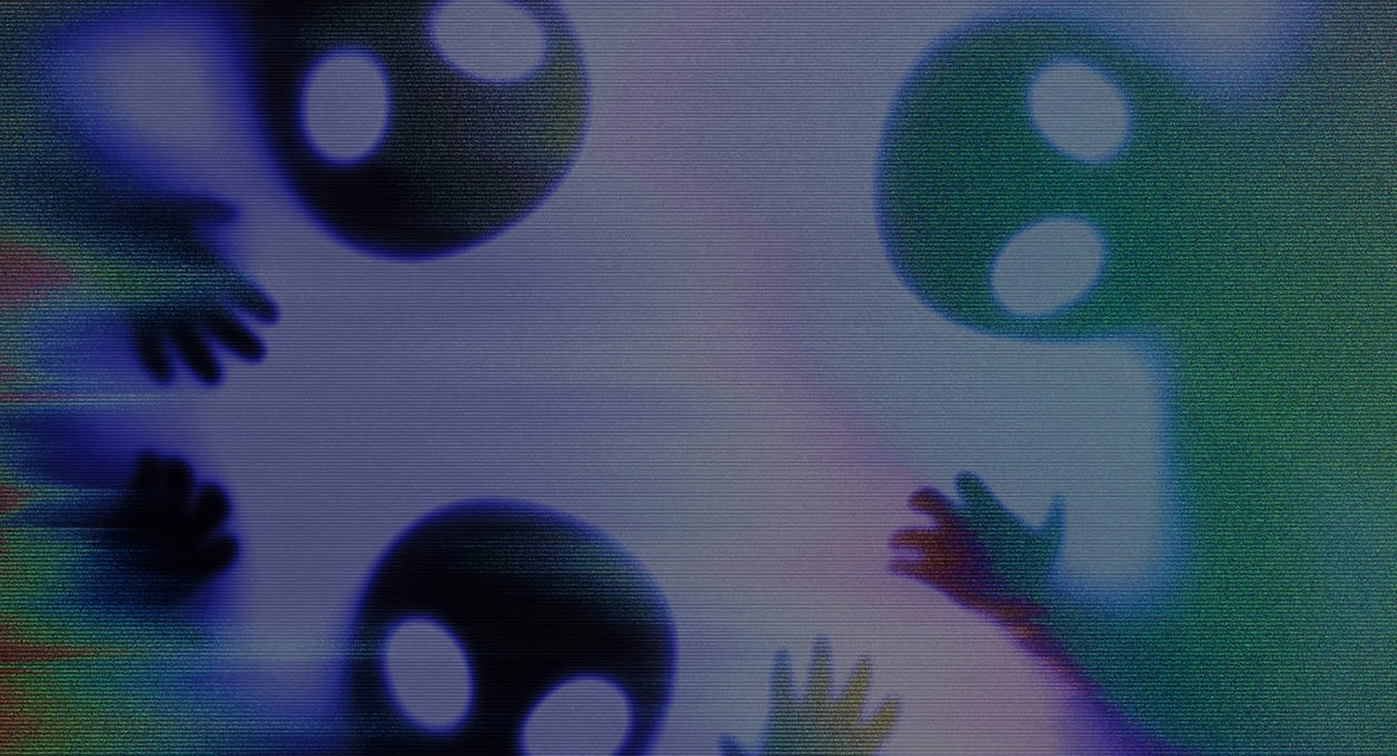Retro TV-scanline image of alien faces and hands pressing against the screen