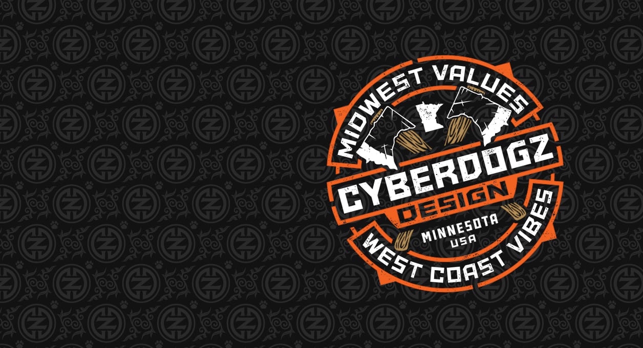 Cyberdogz Design badge reading Midwest Values, West Coast Vibes, Minnesota USA