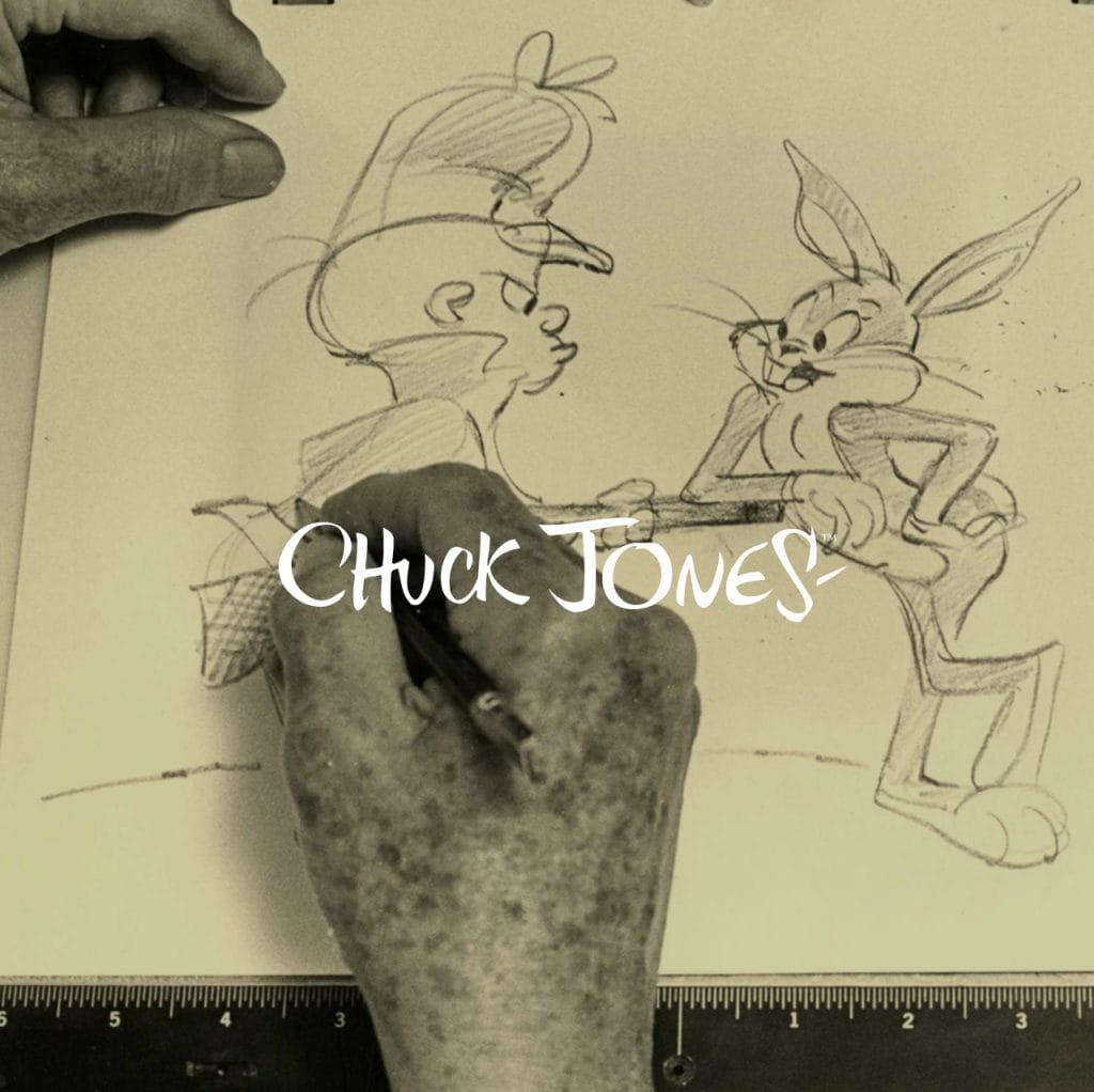 Chuck Jones wordmark over an archival photo of hands sketching Bugs Bunny and Elmer Fudd