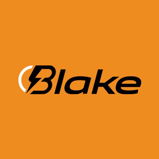 Blake logo with a lightning bolt forming the letter B, on orange