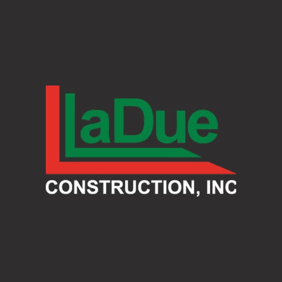 LaDue Construction, Inc. logo with a green wordmark on a red corner bracket