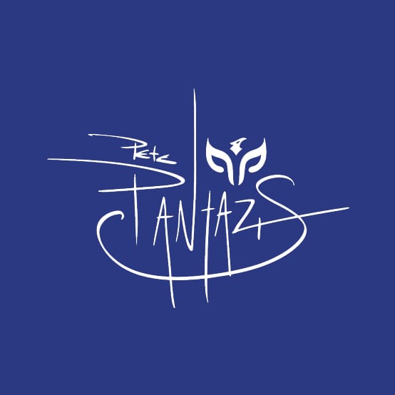 Pete Pantazis logo in white brush script with a stylised mask mark, on blue