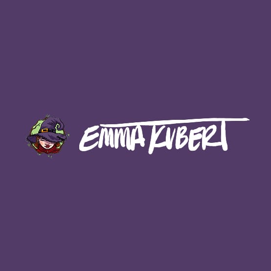 Emma Kubert logo with her witch character beside the brush-lettered name