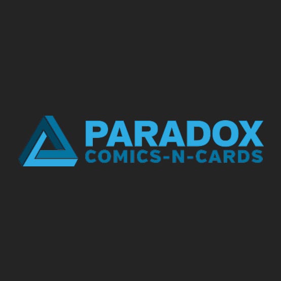 Paradox Comics-N-Cards logo with a blue impossible triangle