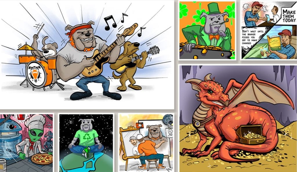 Cartoon illustrations of bulldog characters: a rock band, a leprechaun, a dragon guarding treasure and an alien chef