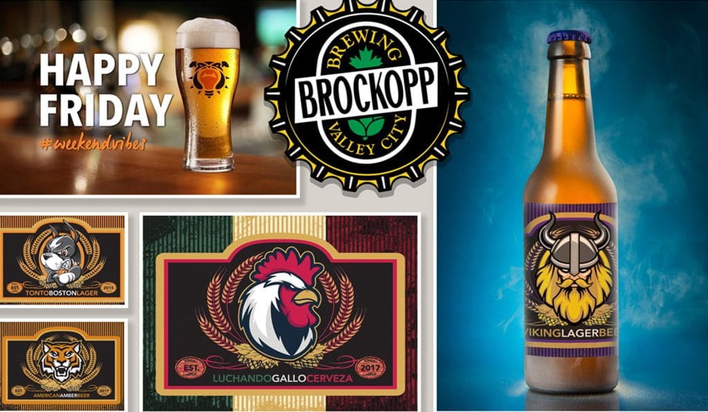 Brockopp Brewing beer labels and bottle design, including Viking Lager and Luchando Gallo Cerveza