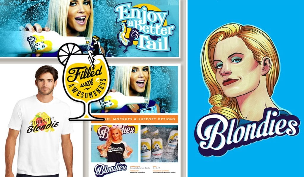 Blondies beverage brand work: bottle photography, apparel, coupe glass badge and the illustrated Blondies logo