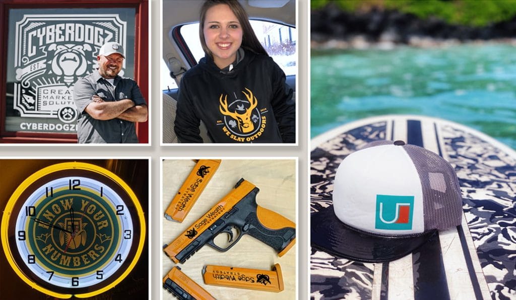 Branded merchandise collection: a Cyberdogz storefront sign, hoodie, neon clock, engraved firearm and a trucker cap
