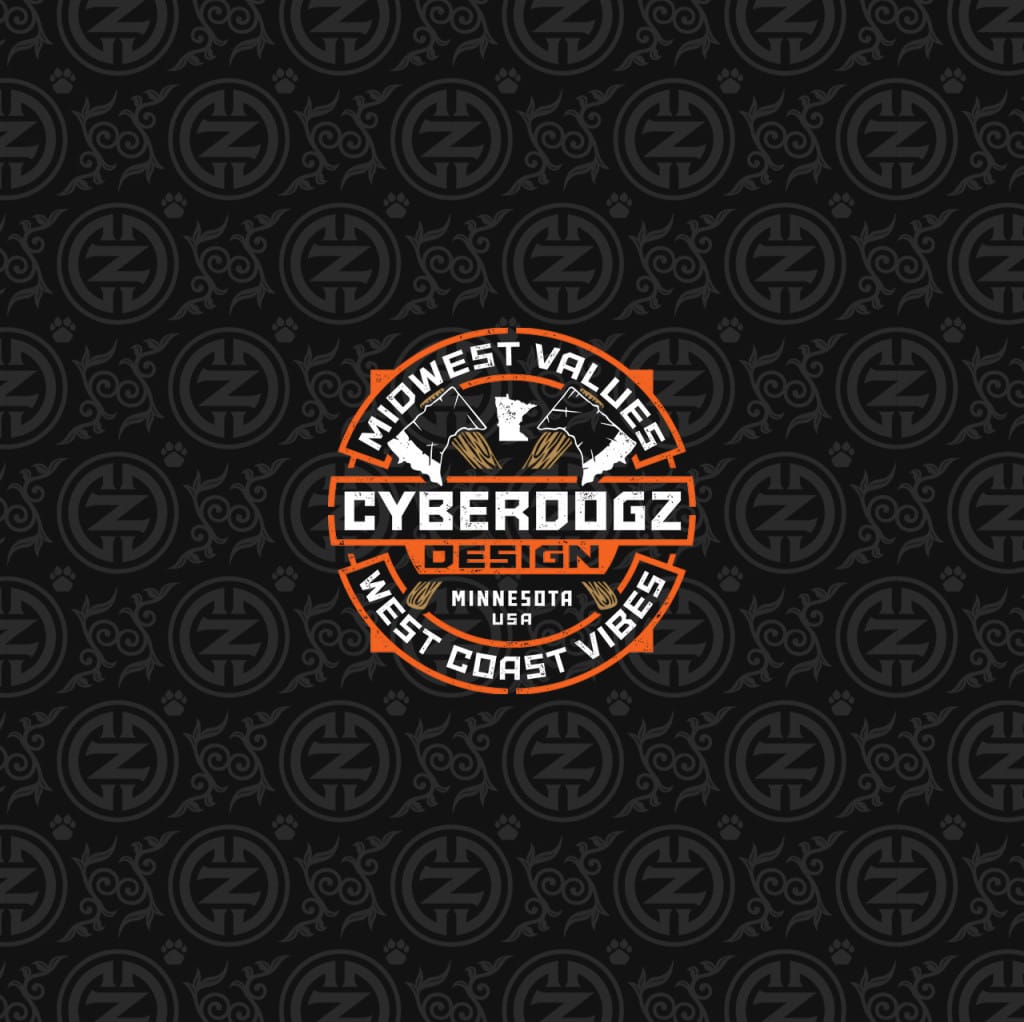 Cyberdogz Design badge reading Midwest Values, West Coast Vibes on a monogram-patterned background