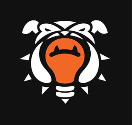Cyberdogz 2015 logo: a bulldog face formed around an orange lightbulb