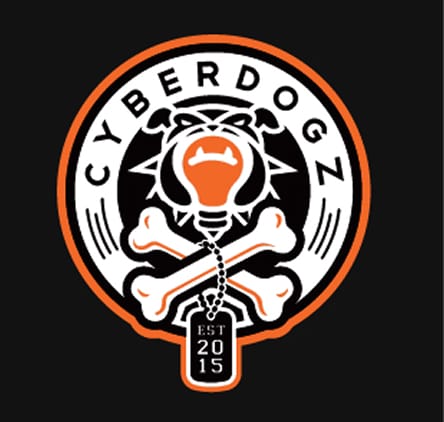 Cyberdogz 2019 logo: a circular crest with the bulldog lightbulb, crossbones and a 2015 dog tag