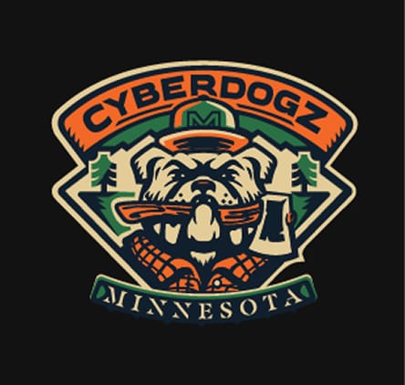 Cyberdogz 2022 logo: a retro Minnesota outdoors badge with a bulldog in a cap, pine trees and an axe