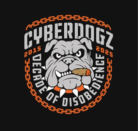 Cyberdogz 2024 logo: a chain-bordered shield reading Decade of Disobedience, 2015 to 2025