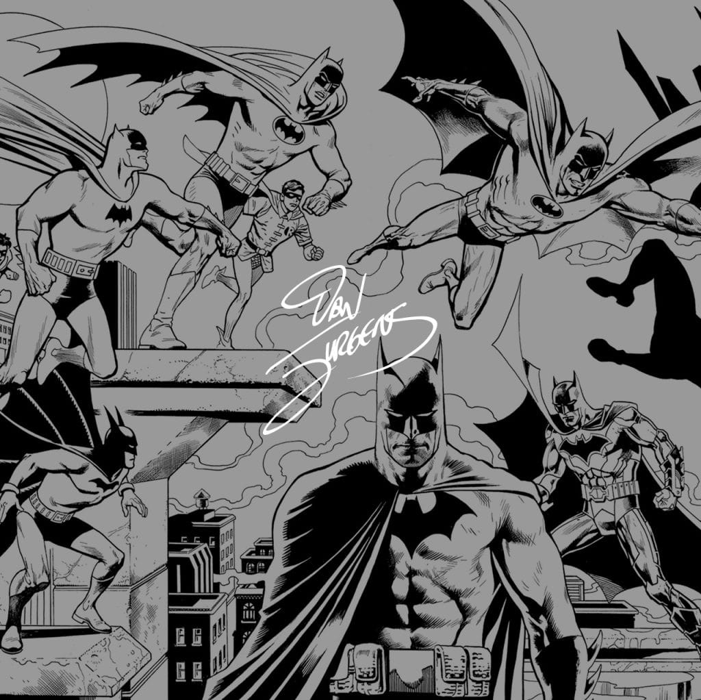 Black-and-white Batman and Robin comic art signed by illustrator Dan Jurgens