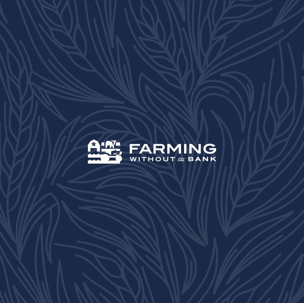 Farming Without the Bank logo on a navy background patterned with wheat