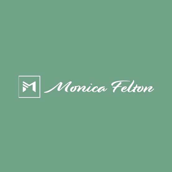 Monica Felton logo with a monogram square, in white on sage green