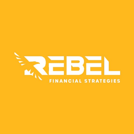 Rebel Financial Strategies logo with an eagle mark, in white on yellow