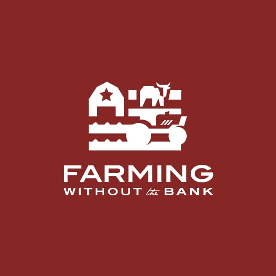 Farming Without the Bank logo with a barn, cow and combine emblem on maroon