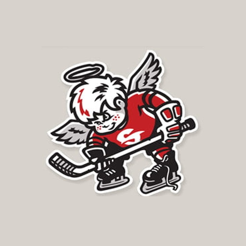Cartoon hockey player mascot with angel wings and a halo, holding a stick