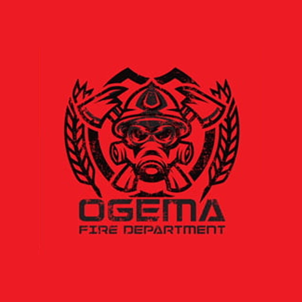 Ogema Fire Department logo: a firefighter in a mask and helmet flanked by crossed axes