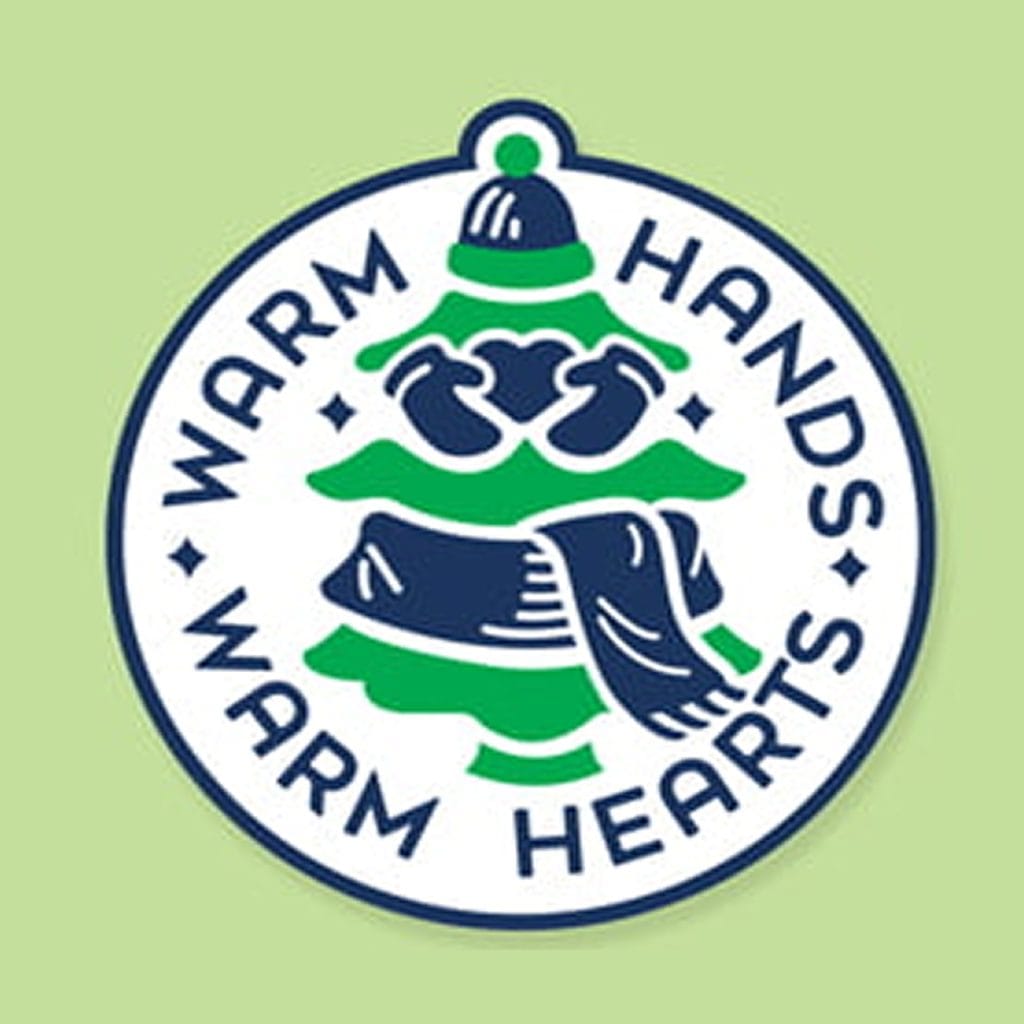 Warm Hands Warm Hearts logo: a round ornament badge with mittens, a scarf and a pine tree