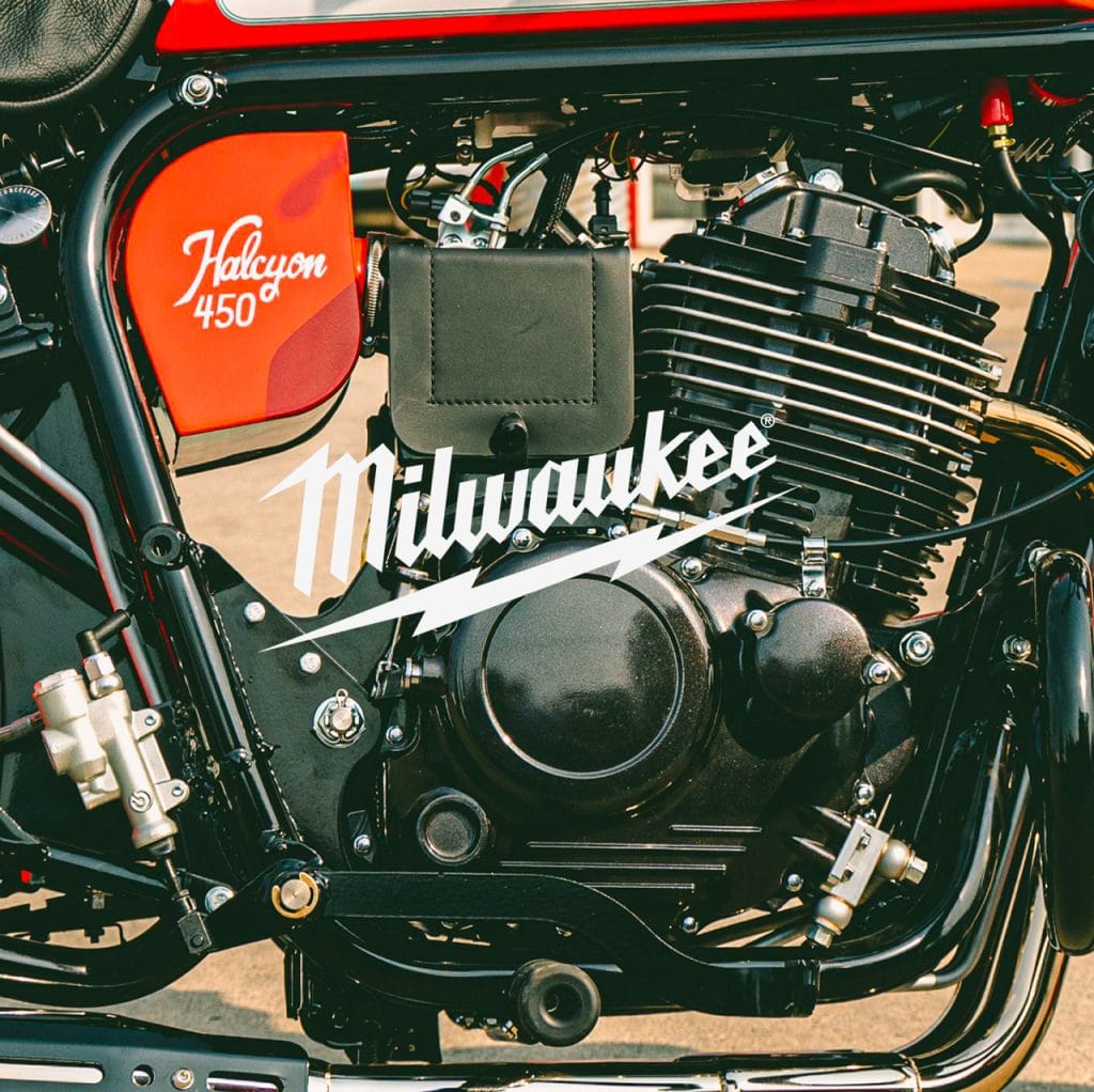 Milwaukee logo over a close-up of a Janus Halcyon 450 motorcycle engine