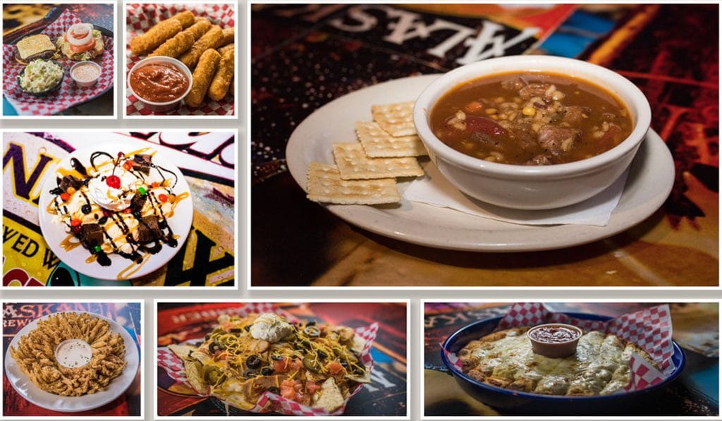 Restaurant food photography: chili, nachos, a blooming onion, a sandwich and a sundae