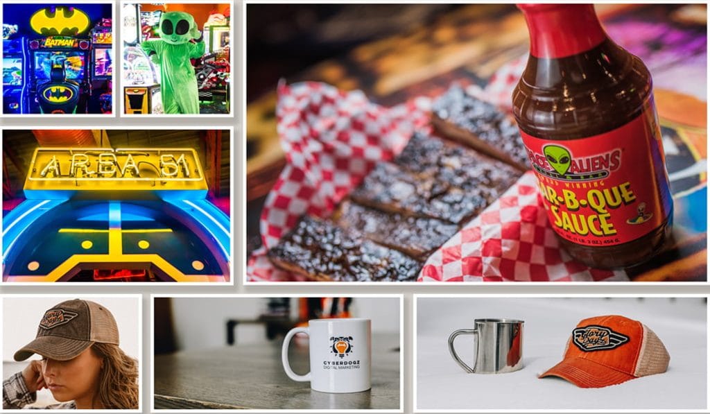 Space Aliens Grill & Bar photography: arcade games, the alien mascot, barbecue sauce and branded caps