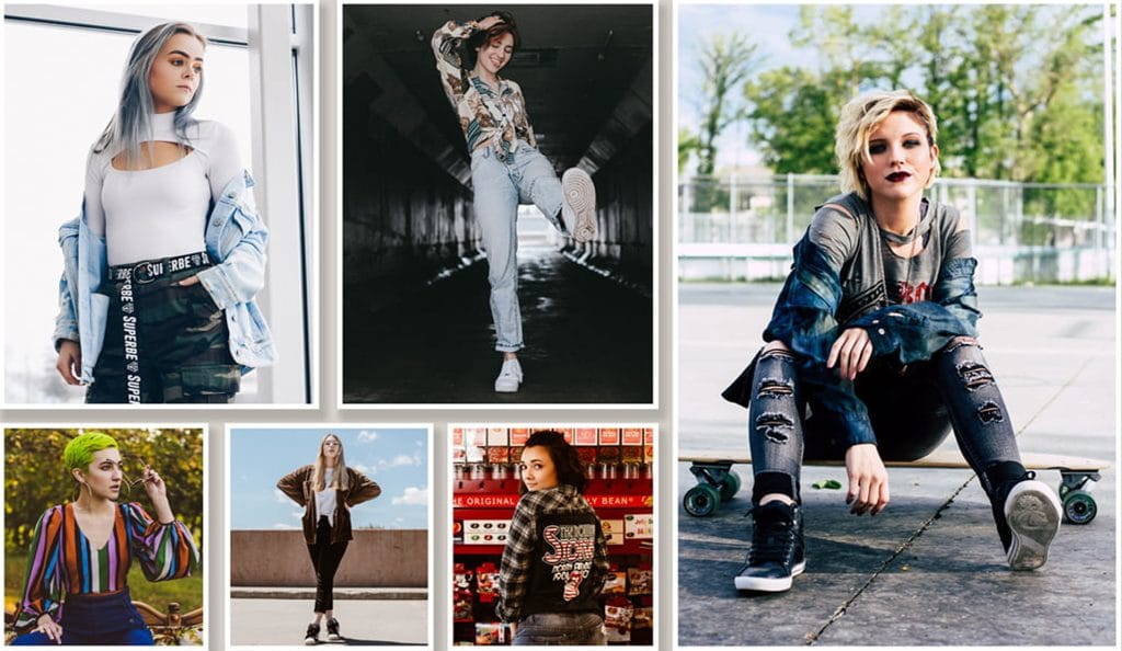 Streetwear fashion photography grid of models in denim, prints and skate styling