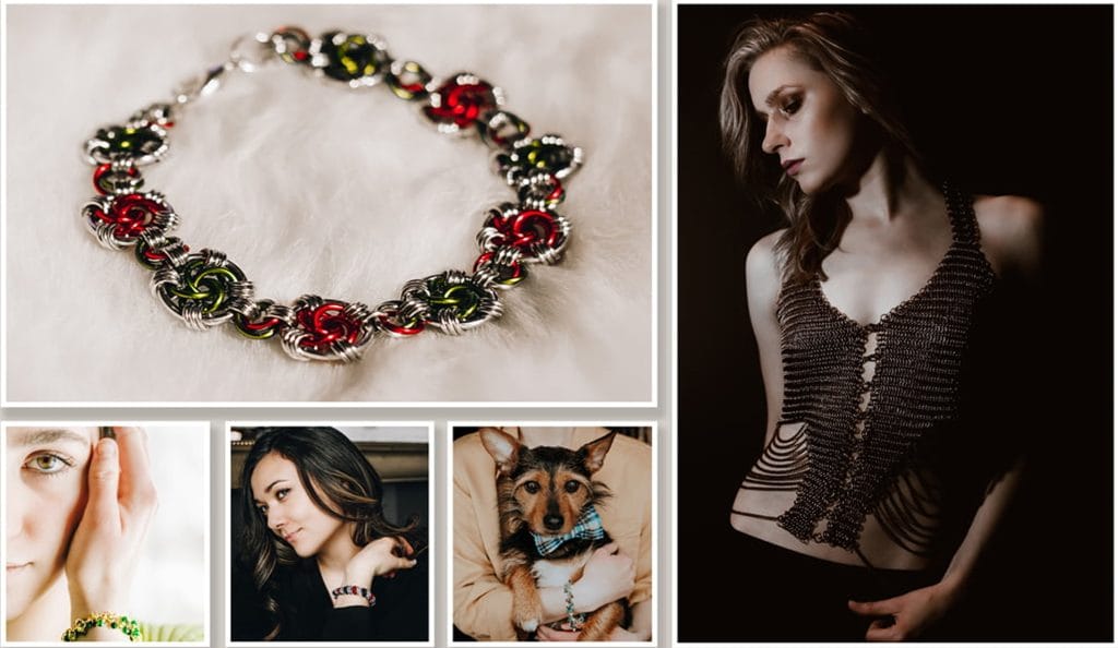 Chainmaille jewelry photography: a red and silver bracelet, a model in a chainmaille top and detail shots
