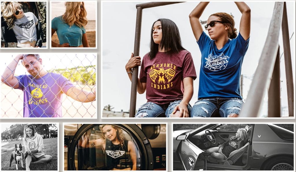 Apparel photography grid of people wearing school spirit and Glory Dayz T-shirts