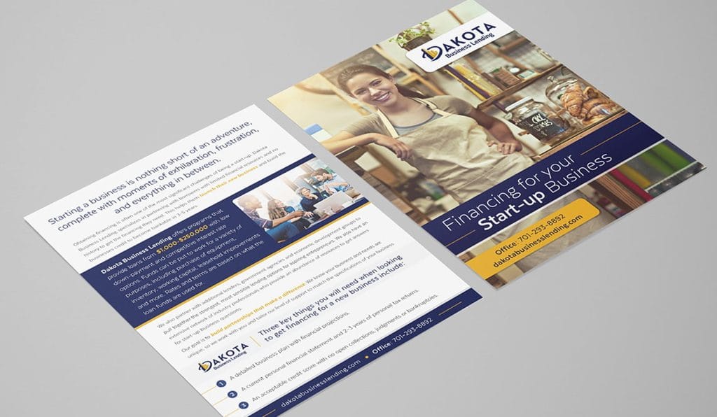 Dakota Business Lending brochure on start-up financing, showing a small-business owner in her shop