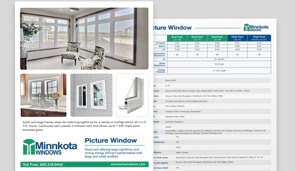 Minnkota Windows product sheet for picture windows, with interior photos and a performance specification table