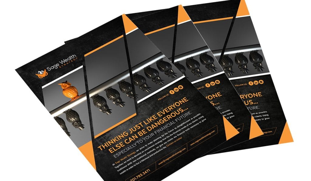 Sage Wealth Strategy flyers with the owl mark and the line about thinking like everyone else being dangerous