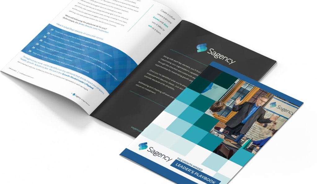 Sagency booklet, The Growth-Minded Leader's Playbook, shown open and closed