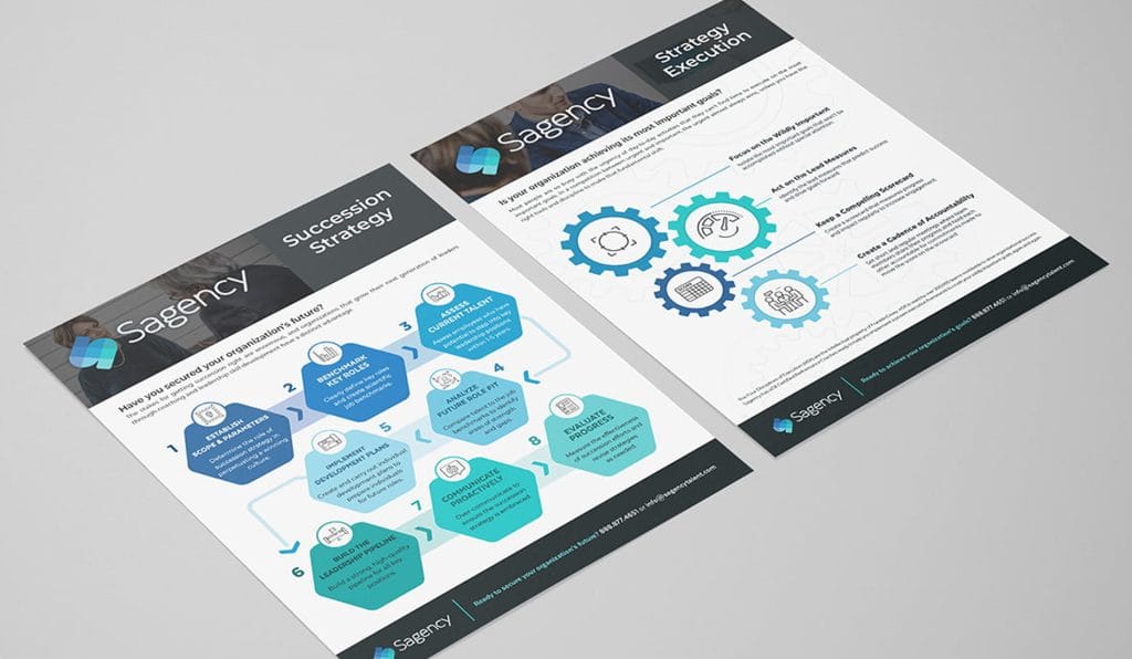 Sagency one-page guides on succession strategy and strategy execution, with numbered process diagrams