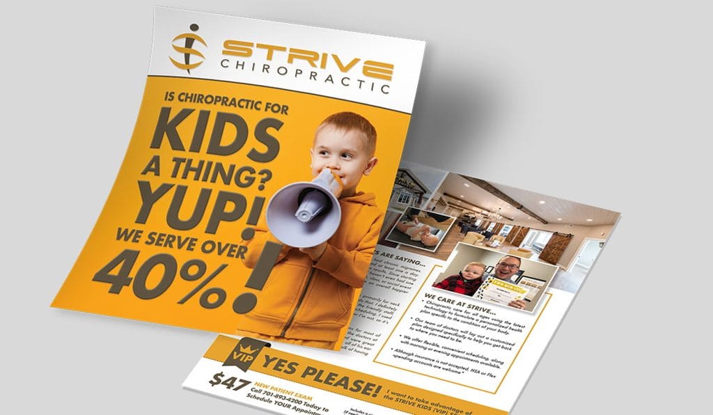 Strive Chiropractic flyer asking whether chiropractic is for kids, with a boy holding a megaphone