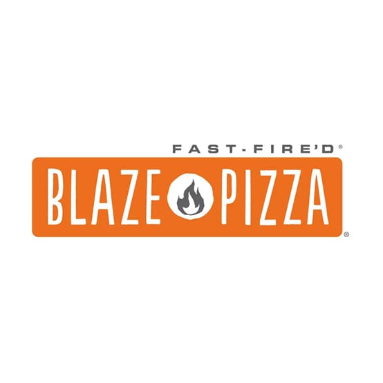 Blaze Pizza logo with its fast-fire'd tagline and flame mark