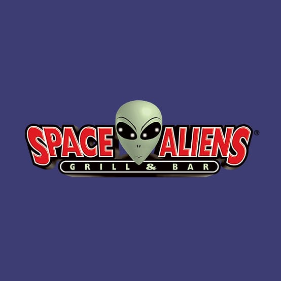 Space Aliens Grill & Bar logo with an alien head between the words