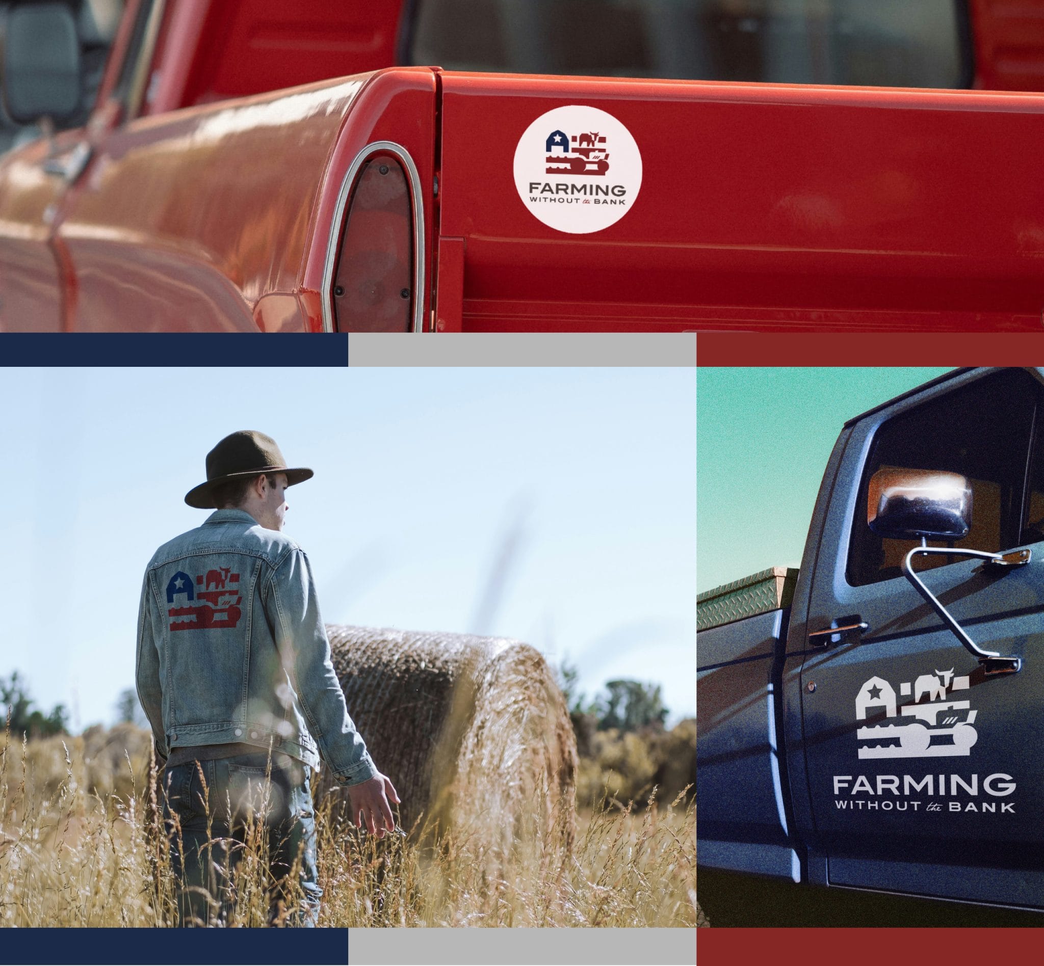 Farming Without the Bank logo applied to a red pickup, a denim jacket in a hayfield and a truck door
