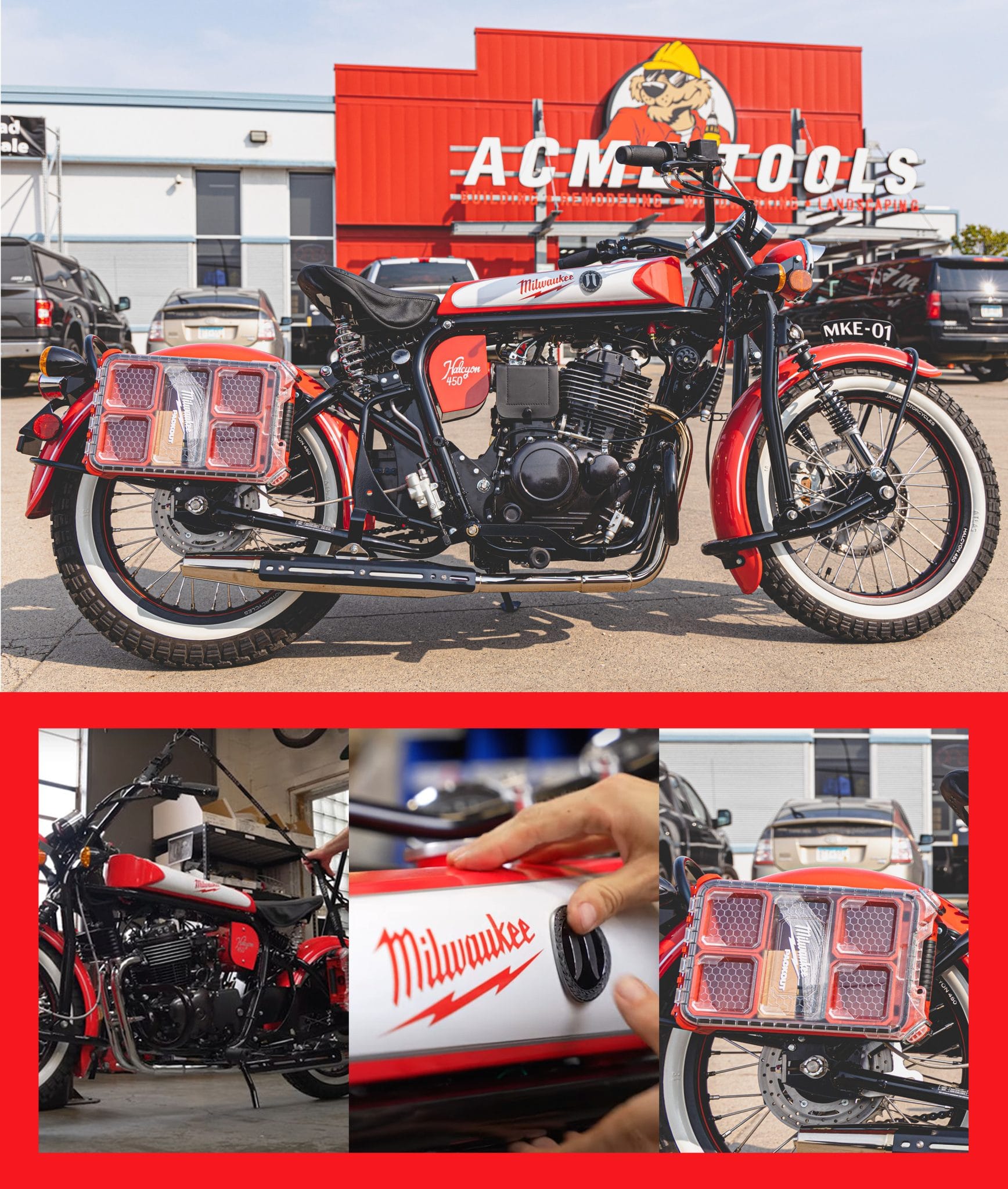 Custom Milwaukee-branded Janus Halcyon 450 motorcycle parked outside an Acme Tools store